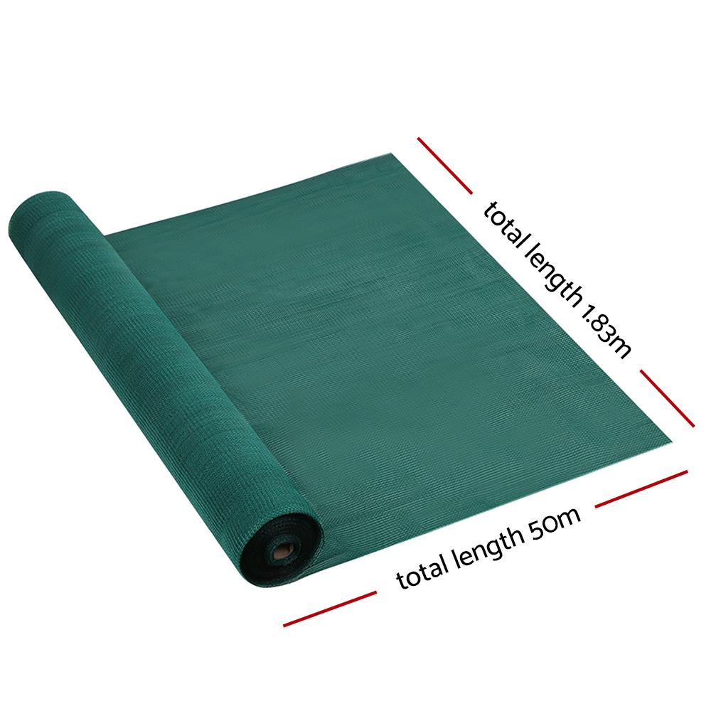 Instahut 1.83x50m UV Shade Cloth in green, showcasing its knitted fabric and roll form, ideal for garden and greenhouse use.